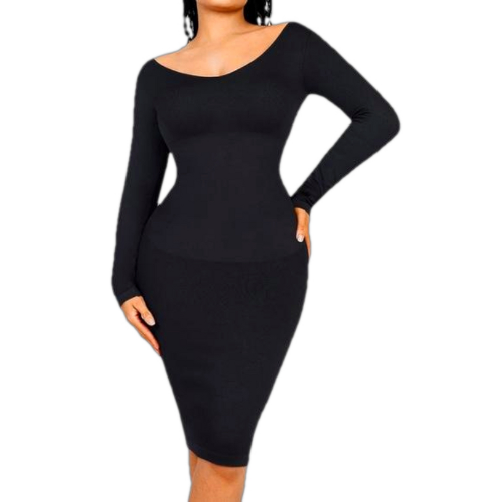 New Black Ribbed Bodycon Slimming Shapewear Midi Dress Size XS Small bin 3J